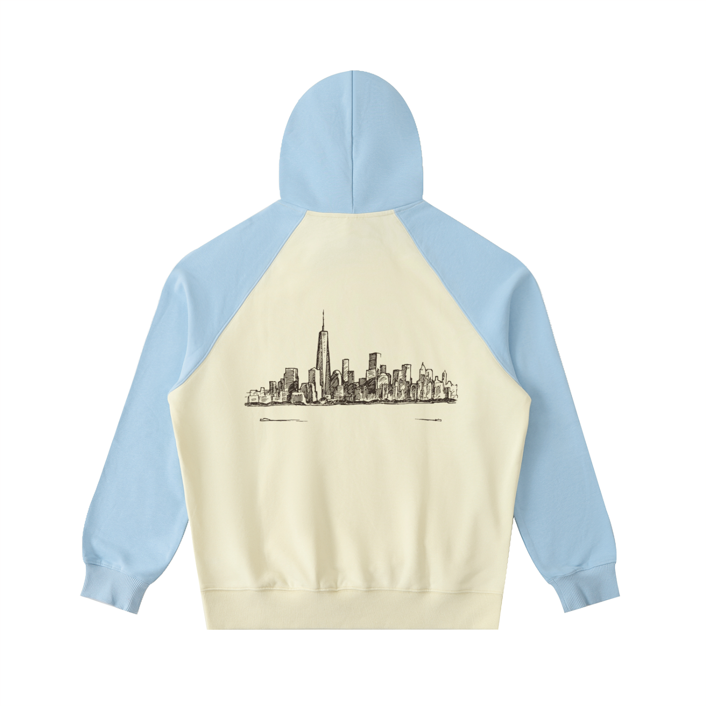 Color-Block Raglan Sleeve Hoodie (Mild Apricot with Sky Blue)