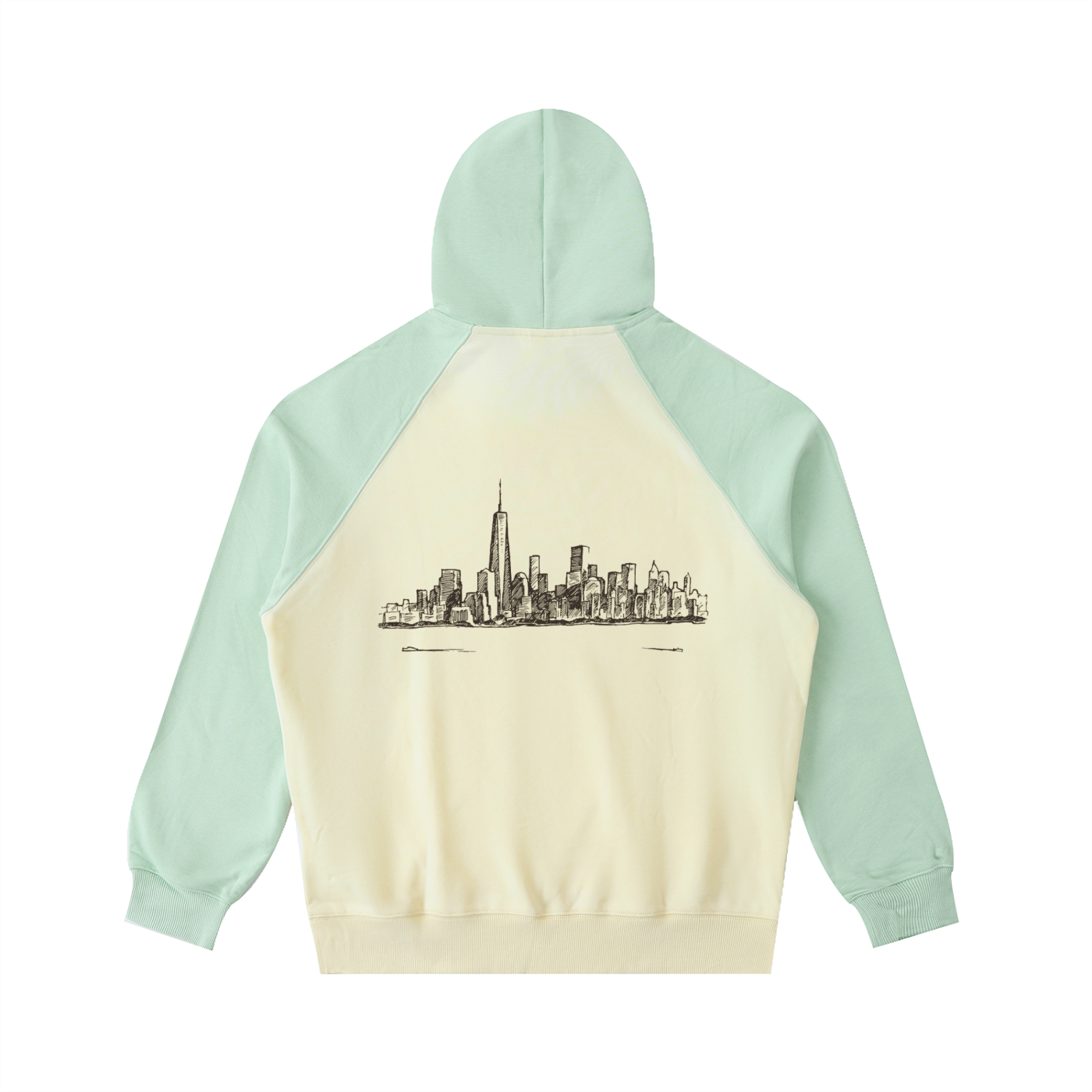 Color-Block Raglan Sleeve Hoodie (Mild Apricot with Green)