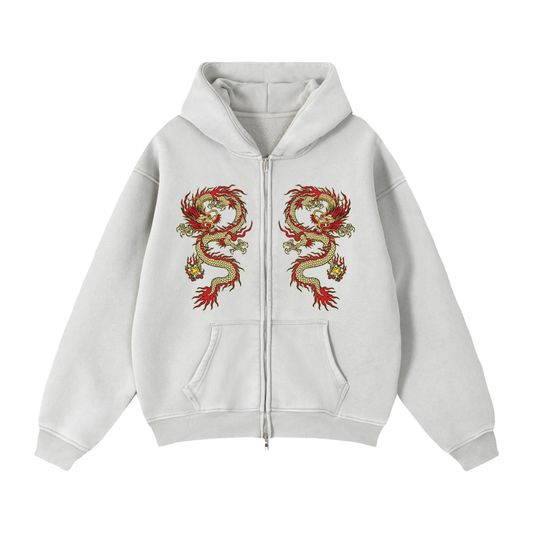 Zip-Through Boxy Fleece Hoodie (Light Gray)