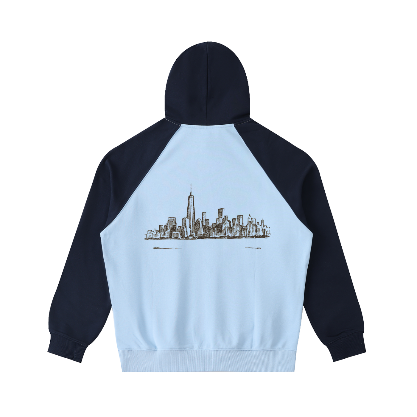 Color-Block Raglan Sleeve Hoodie (Sky Blue with Navy Blue)