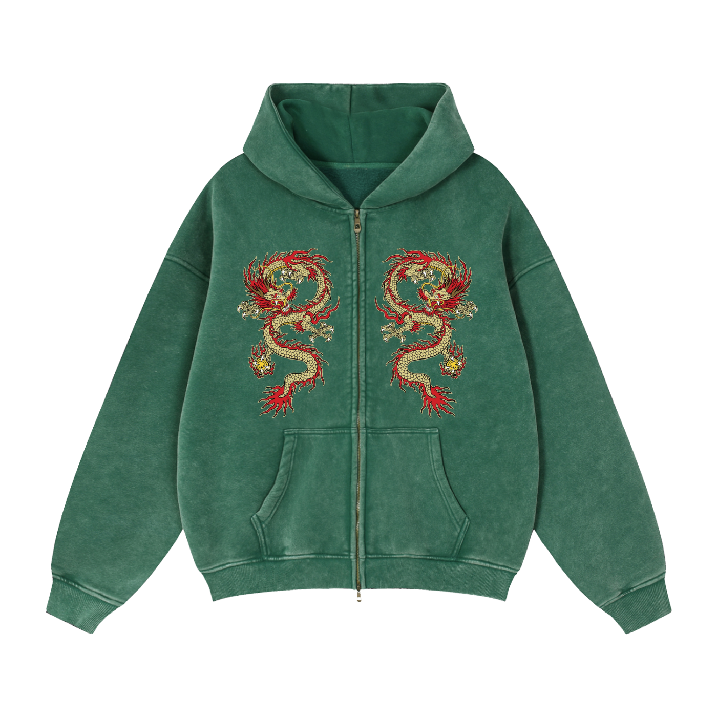 Zip-Through Boxy Fleece Hoodie ( Green )