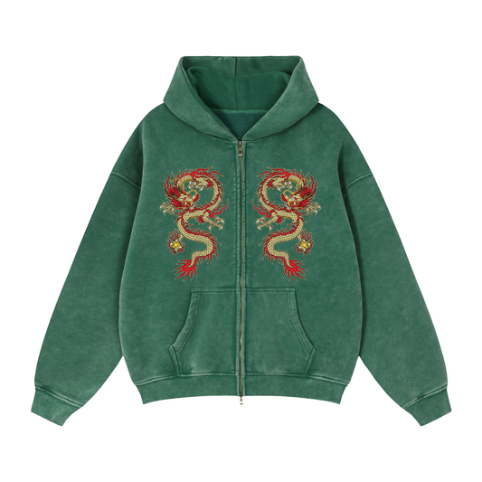 Zip-Through Boxy Fleece Hoodie ( Green )